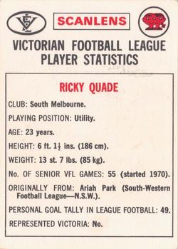 1974 Scanlens VFL #91 Ricky Quade Back
